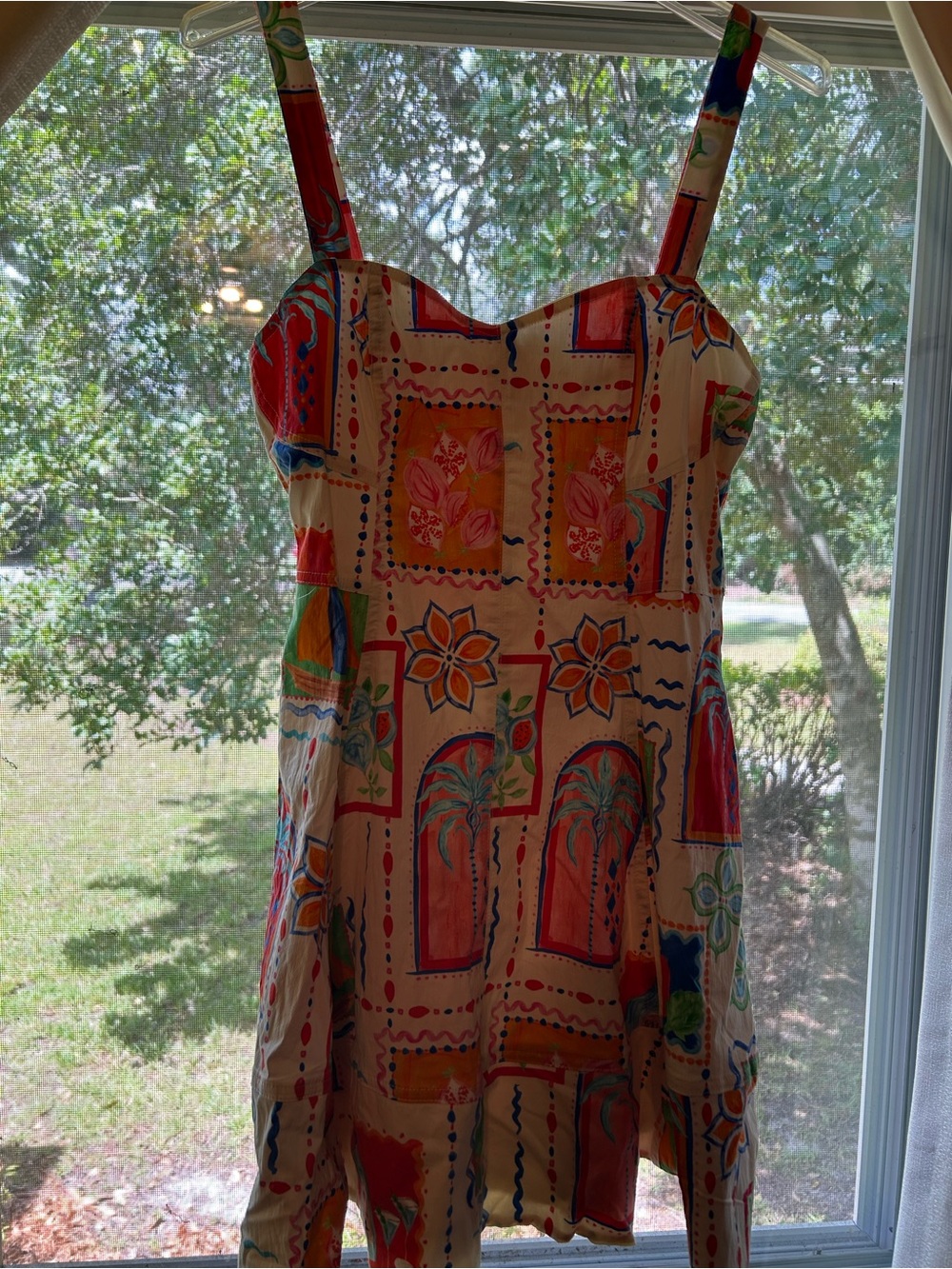 Avec Les Filles Cream Sundress with Coral, Teal Blue Patchwork Farm Rio inspo 4